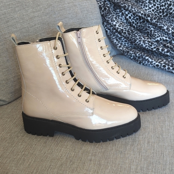 Maeve Patent Leather Combat Boots Lace Up Cream Size 37 US 6.5 - Picture 13 of 14